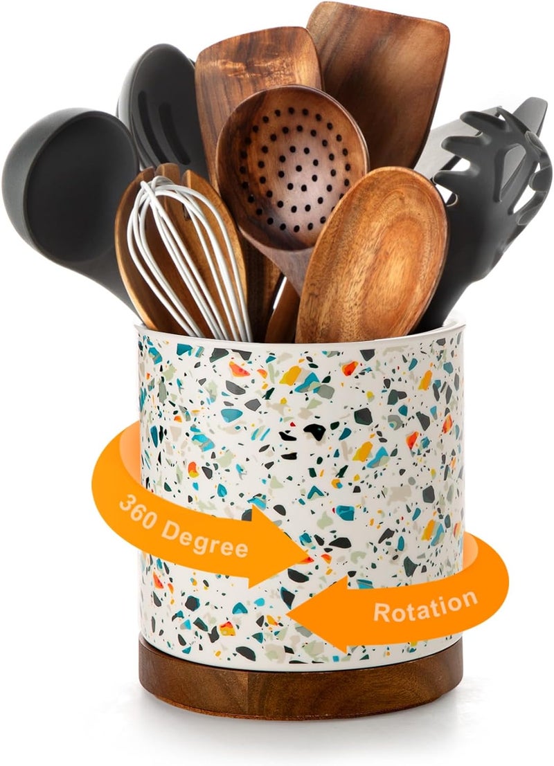 Nucookery 360°Rotating Utensil Holder, 7.2" Kitchen Utensil Crock, Ceramic Cooking Utensil Organizer with Countertop-Protection Cork Bottom for Farmhouse Kitchen Decor Christmas (Marble Pattern) - Image 1